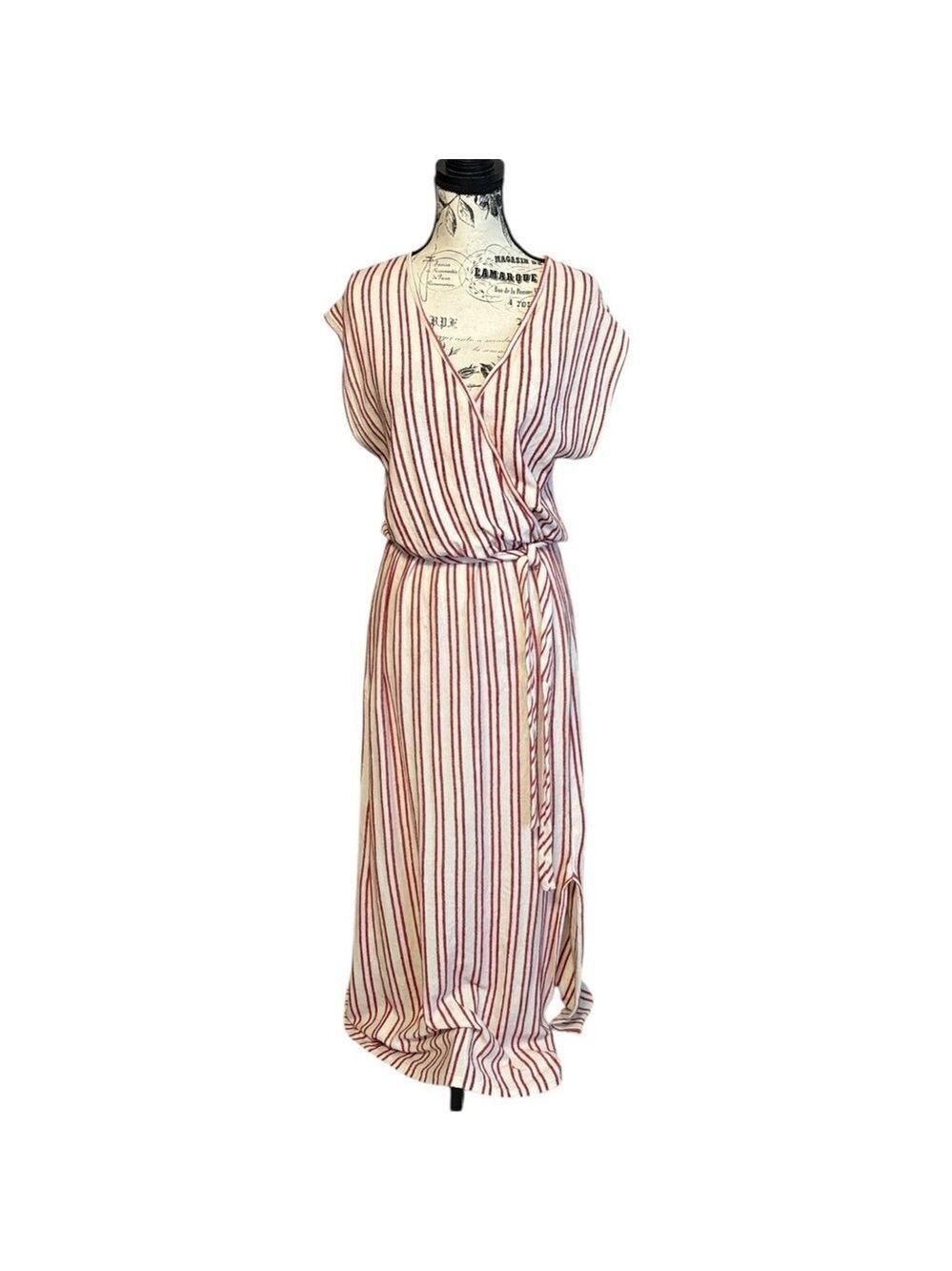 Caution To The Wind Striped Maxi Dress V Neck Terry Stretch Red & Cream Size L